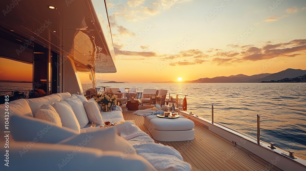 Fototapeta premium A large luxury yacht sits anchored in the calm blue waters of a bay.