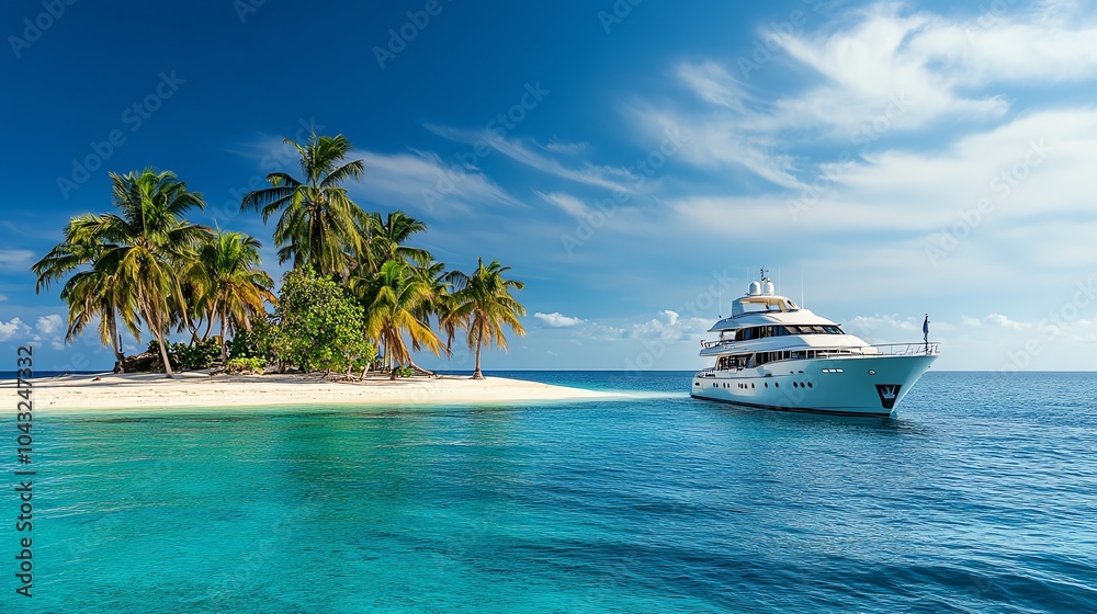 Fototapeta premium A large white yacht sits anchored in the calm blue waters of a bay.