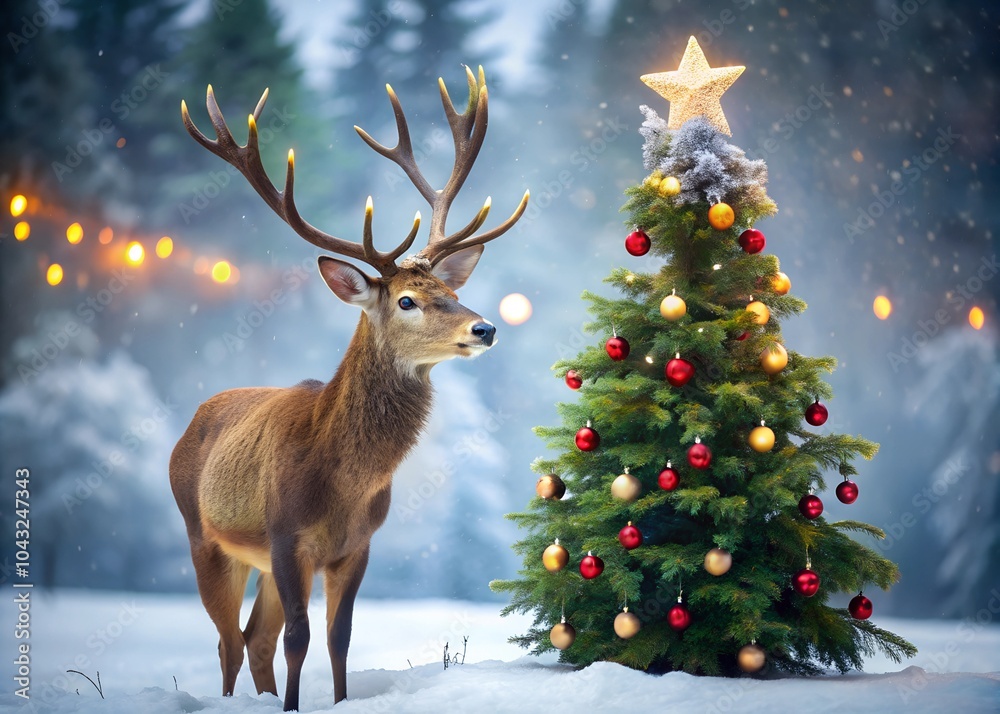 a deer is standing next to a christmas tree with a star on it. a deer is standing next to a christmas tree with a star on it.