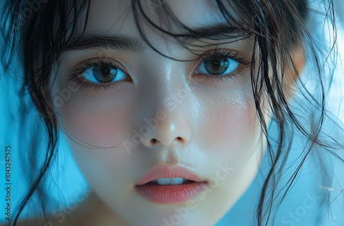 Beautiful Japanese girl, close-up of face with bright blue background