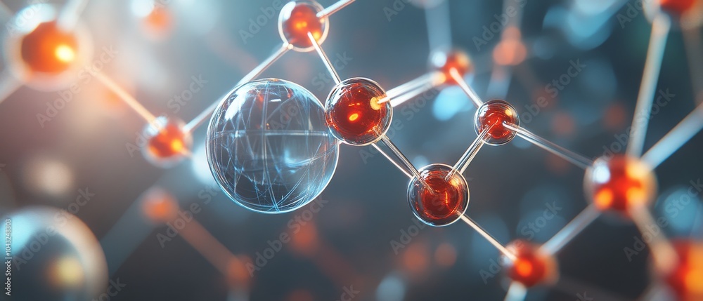 Close-up of molecular structure with glowing connections representing science, technology, and innovation in a futuristic setting. Close-up of molecular structure with glowing connections representing science, technology, and innovation in a futuristic setting.