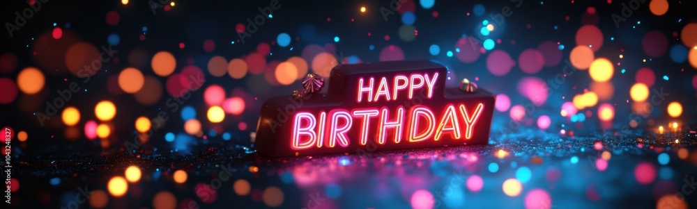 Brightly lit happy birthday sign with bright lights in background