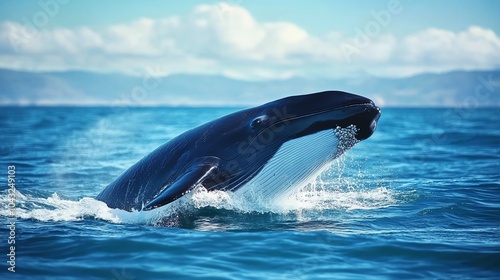 A humpback whale breaches the surface of the ocean on a bright day.