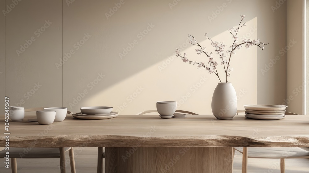 An elegant Japandi dining room displaying a long An elegant Japandi dining room displaying a long