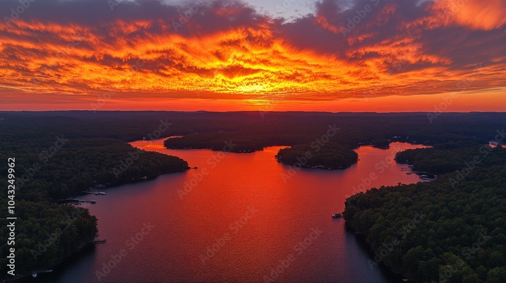 Fototapeta premium An aerial view of a lake surrounded by trees with a fiery sunset reflecting on the water.
