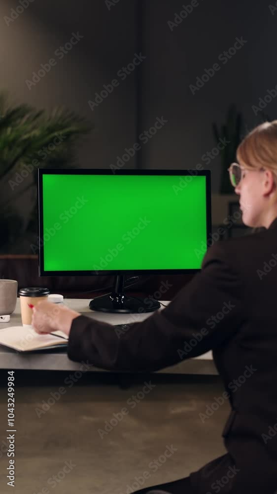 Young Woman Looks at Computer with Green Screen Mock Up Display and Writes Note in Notebook. Businesswomen Working In Office On Computer With Green Screen Young Woman Looks at Computer with Green Screen Mock Up Display and Writes Note in Notebook. Businesswomen Working In Office On Computer With Green Screen