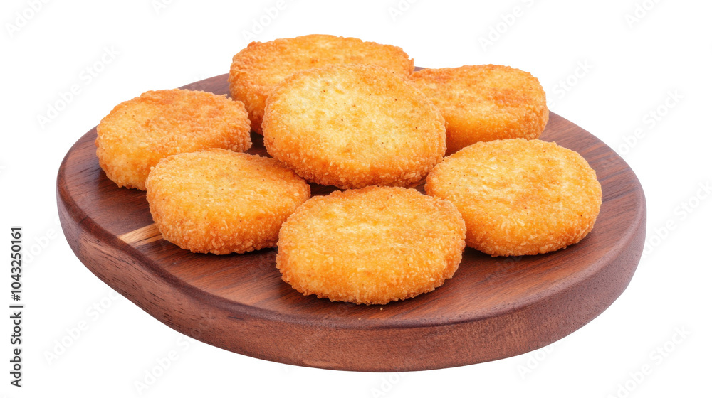 Crispy chicken nuggets on wooden plate for culinary promotions and restaurant menus - transparent background png Crispy chicken nuggets on wooden plate for culinary promotions and restaurant menus - transparent background png