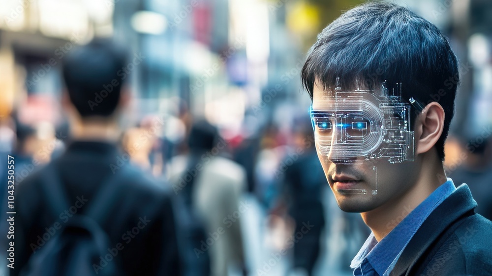 A high-tech facial recognition system using AI to scan facial features and compare them with extensive databases, providing instant identity verification and access management A high-tech facial recognition system using AI to scan facial features and compare them with extensive databases, providing instant identity verification and access management