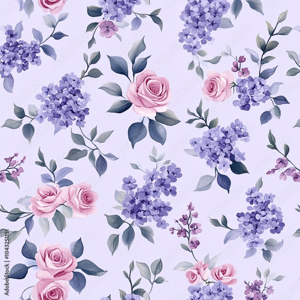 Fototapeta premium A delicate floral pattern featuring pink roses and purple blossoms on a light lavender background, perfect for elegant design applications.