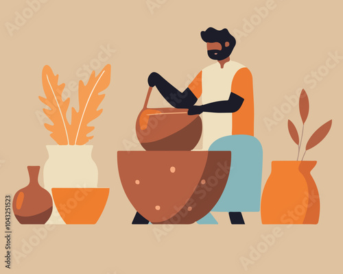 Flat Vector Illustration of Indian Man Making Clay Pot on Pottery Wheel