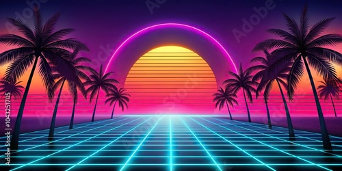 Retro neon landscape background with palms