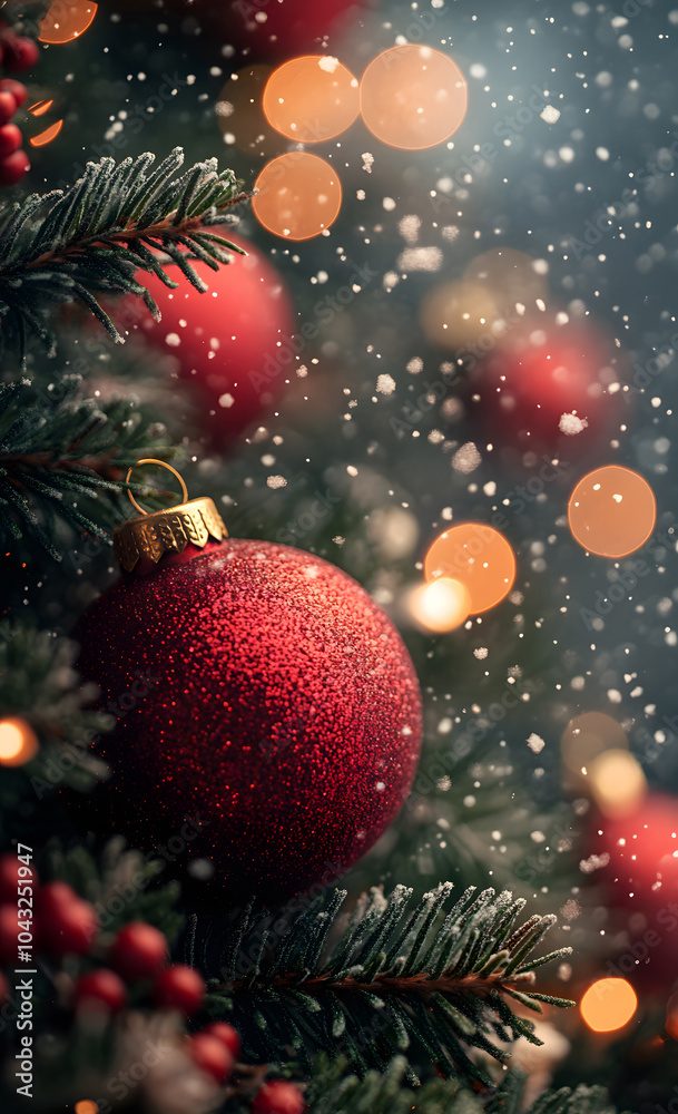 Festive Christmas background with red baubles and glowing lights. Generative AI. Festive Christmas background with red baubles and glowing lights. Generative AI.