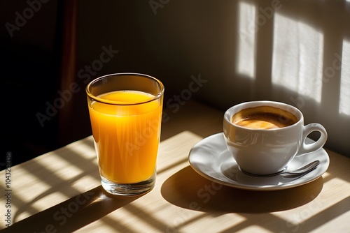 A glass of orange juice and a cup of coffee served on a table in the sun