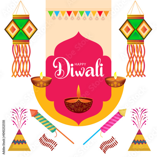 Diwali greeting card with colorful lanterns and fireworks. Central banner reads Happy Diwali  Diya oil lamps its below banner Festive atmosphere with vibrant colors and traditional elements
