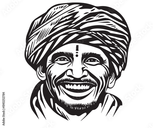 Smiling Indian Rural Man - Black and White Vintage Woodcut Portrait