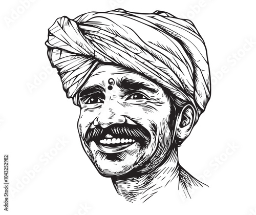 Close-Up Portrait of Smiling Indian Farmer - Black and White Vintage Woodcut Art