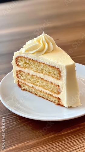 Classic Moist Vanilla Cake Slice Topped with Rich Swirls of Vanilla Frosting - A Sweet Indulgence