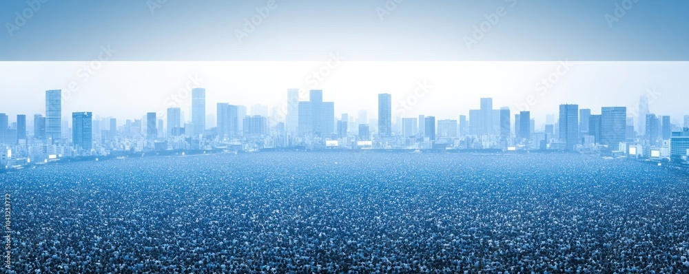 Obraz premium A vast urban skyline above a sea of people, creating a striking visual contrast.