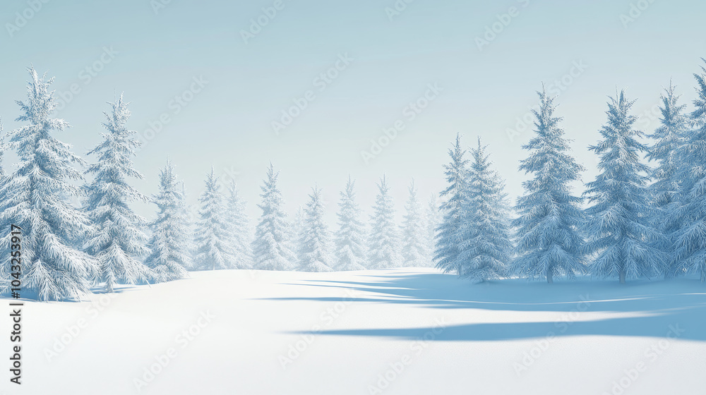 Fototapeta premium Snow covered pine trees stand under clear blue sky, creating serene winter landscape. untouched snow blankets ground, casting soft shadows in tranquil scene