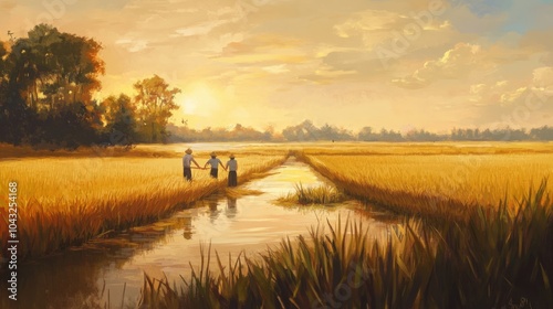 A peaceful scene of farmers harvesting rice in a jasmine rice field, their hands working efficiently through the golden stalks while the sun casts a warm glow over the landscape