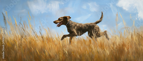German Wirehaired Pointer Dog Running Through Tall Grass in Action