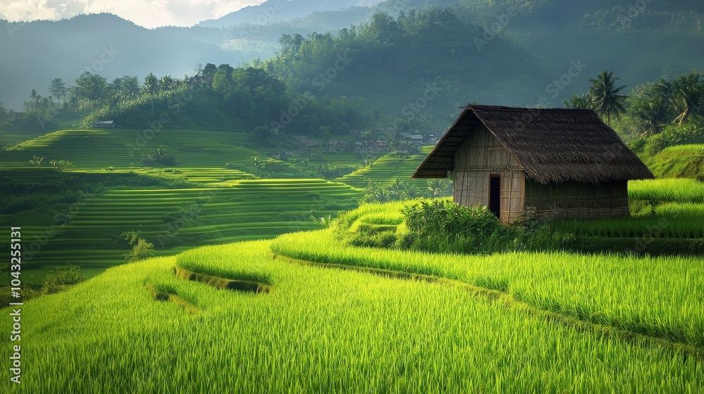 A rustic hut sits amidst a sprawling jasmine rice field, the bright green rice plants swaying gently under a serene sky, offering a tranquil view of rural beauty.