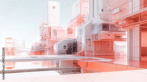 Abstract futuristic cityscape with white and red buildings and geometric shapes.