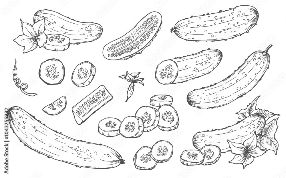 Cucumber hand drawn vector set. Isolated cucumber, sliced pieces and plant. Vegetable engraved style illustration. Farm market product. Cucumber hand drawn vector set. Isolated cucumber, sliced pieces and plant. Vegetable engraved style illustration. Farm market product.