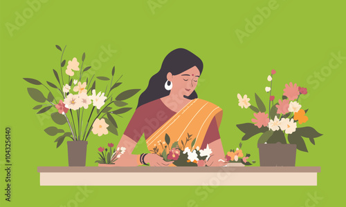 Indian woman arranging flowers in modern style - vector illustration