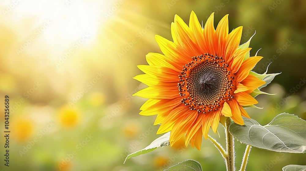 Fototapeta premium A vibrant sunflower emerges in golden sunlight, showcasing its bright yellow petals against a lush green background.