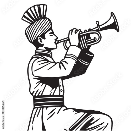 Indian Shehnai Player - Vintage Black and White Woodcut Illustration for Festivals and Weddings