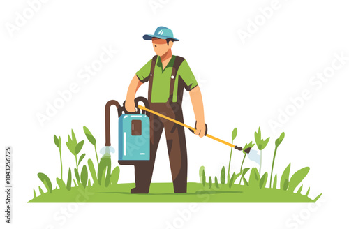 Farmer spraying pesticide for weed control in agricultural field - vector illustration