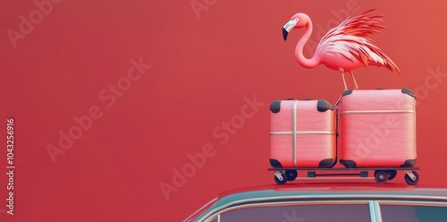 A travel concept with suitcases and a flamingo on top of a car roof.