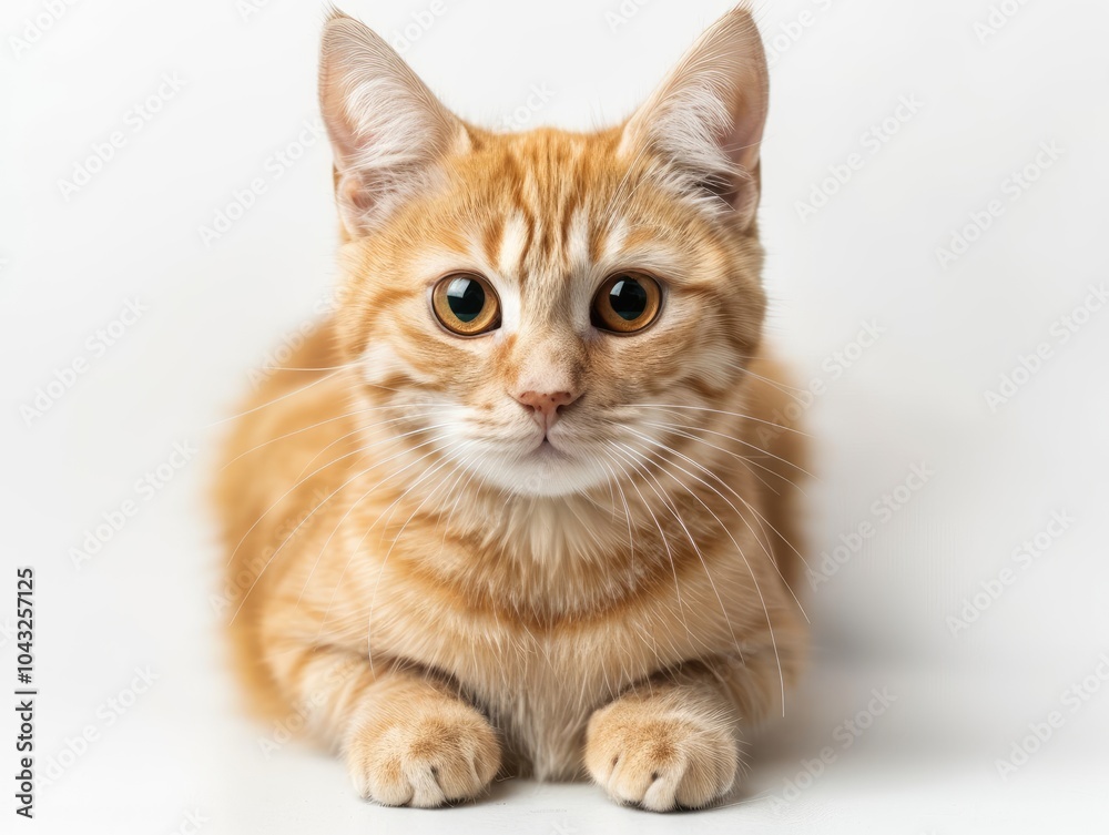 Obraz premium A close-up of a cute orange tabby cat with big eyes, showcasing its playful and curious personality against a simple white background.