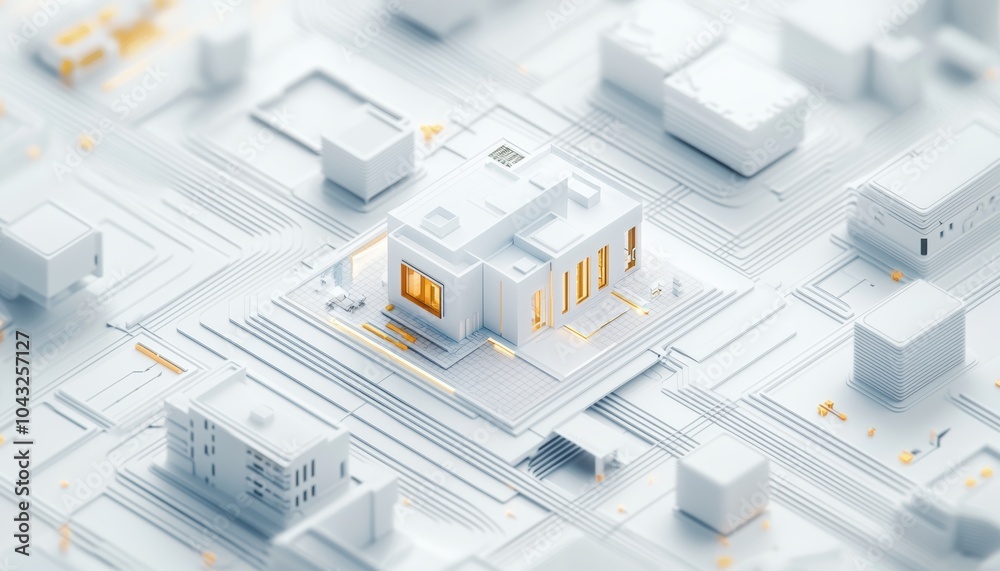Conceptual 3D blueprint of a modern house with floating elements and floor plans, illustrating the integration of digital design in architecture Conceptual 3D blueprint of a modern house with floating elements and floor plans, illustrating the integration of digital design in architecture
