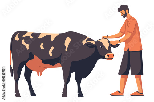  Indian farmer tending livestock in rural farm - modern vector agriculture design