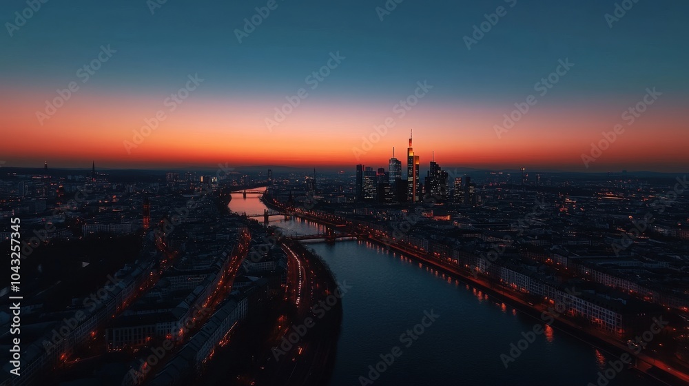 Aerial Panoramic View of Frankfurt After Sunset: A high-resolution aerial view of Frankfurt skyline after sunset, with the city lights illuminating the streets below. Aerial Panoramic View of Frankfurt After Sunset: A high-resolution aerial view of Frankfurt skyline after sunset, with the city lights illuminating the streets below.