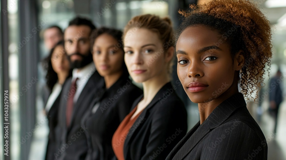 Diverse group of professionals in business attire standing confidently in modern office lobby, symbolizing dynamic labor market and urban work environment, DEI, Diversity, Equity and Inclusion Diverse group of professionals in business attire standing confidently in modern office lobby, symbolizing dynamic labor market and urban work environment, DEI, Diversity, Equity and Inclusion