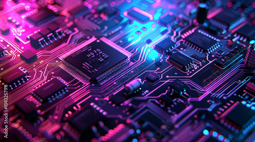 Macro shot of computer microchips and transistors on mainboard.