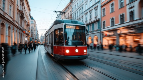 A red tram speeding through a city street with blurred pedestrians on the sidewalk.