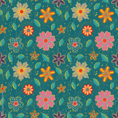 Abstract print with flowers, leaves. Digital painting. Botanical background with paper texture and noise