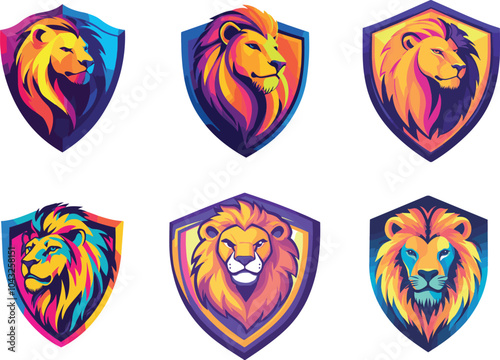 Colorful Lion Illustrations on Shields Showcasing Strength and Majesty in Vibrant Designs