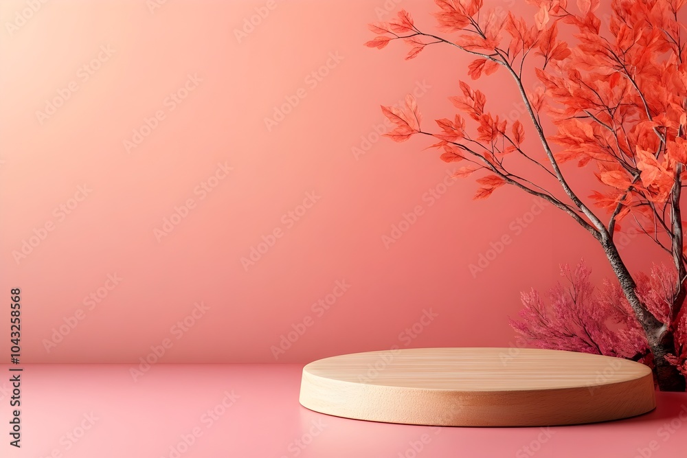 Elegant wooden podium set on a table with a soft pink background and warm tones crafted for professional product photography in a studio lighting setup that provides a clean simple Elegant wooden podium set on a table with a soft pink background and warm tones crafted for professional product photography in a studio lighting setup that provides a clean simple