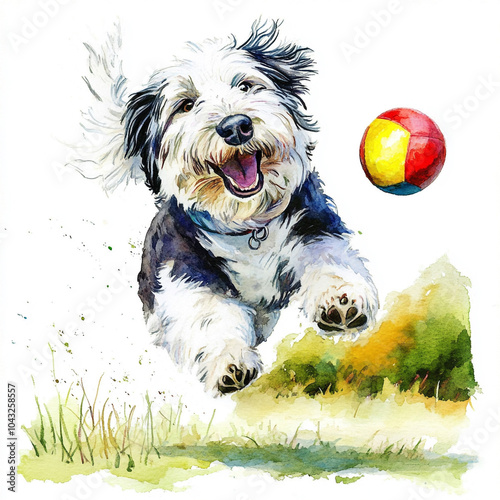 Old English Sheepdog Playing Fetch in the Park on a Sunny Day