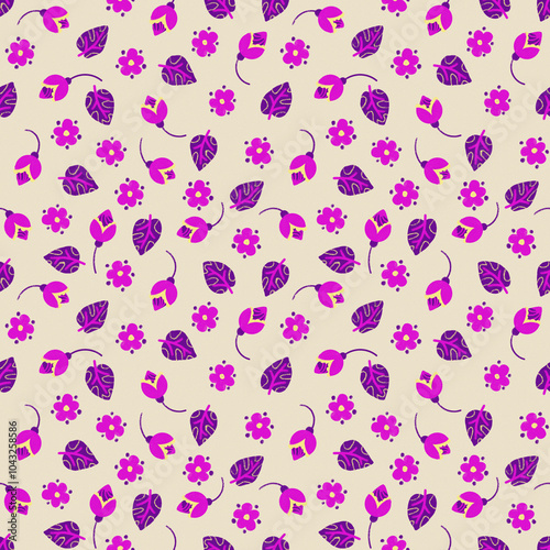 Abstract print with flowers, leaves. Digital painting. Botanical background with paper texture and noise