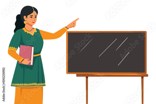 Female Indian Teacher Pointing at Chalkboard Holding a Book - Educational Vector Art