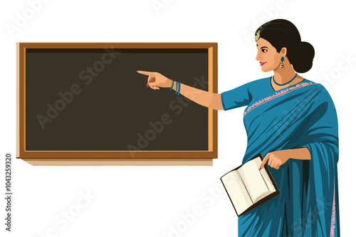 Indian Female Teacher in Blue Saree Pointing at Blackboard with Book - Vector Illustration
