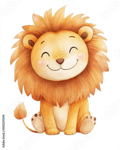 Cute watercolor lion cartoon with a happy face, ideal for nursery decoration and children's room art. photo