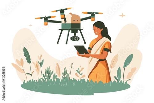 Indian Woman Farmer in Saree Using Drone Technology for Agriculture