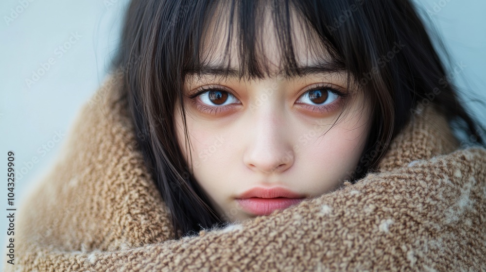暖かい毛布に包まれた若い女性の心地よい肖像画 暖かい毛布に包まれた若い女性の心地よい肖像画